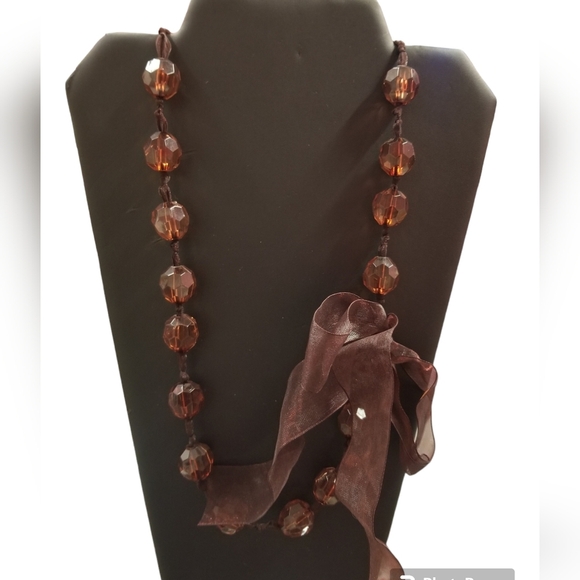 VINTAGE AMBER COLORED RIBBON NECKLACE WITH FACETED ACRYLIC BEADS - Picture 1 of 5